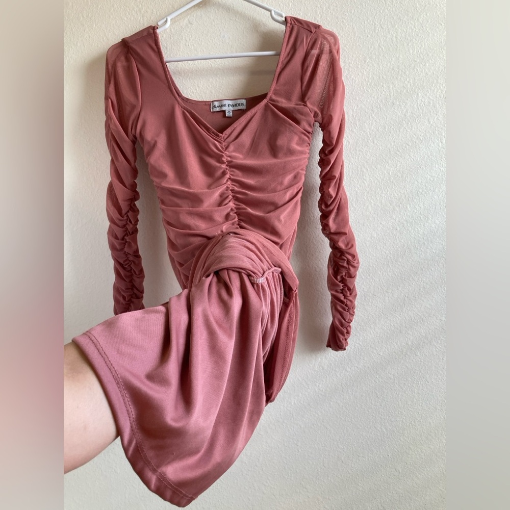Almost Famous Ruched Bodycon Mesh Dress in Blush - Picture 7 of 10